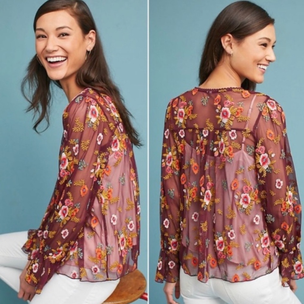 SOLD Anthropologie Floral Sheer Blouse - Purple and Orange